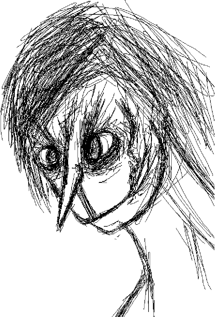 The man has a long nose and dark sunken eyes.